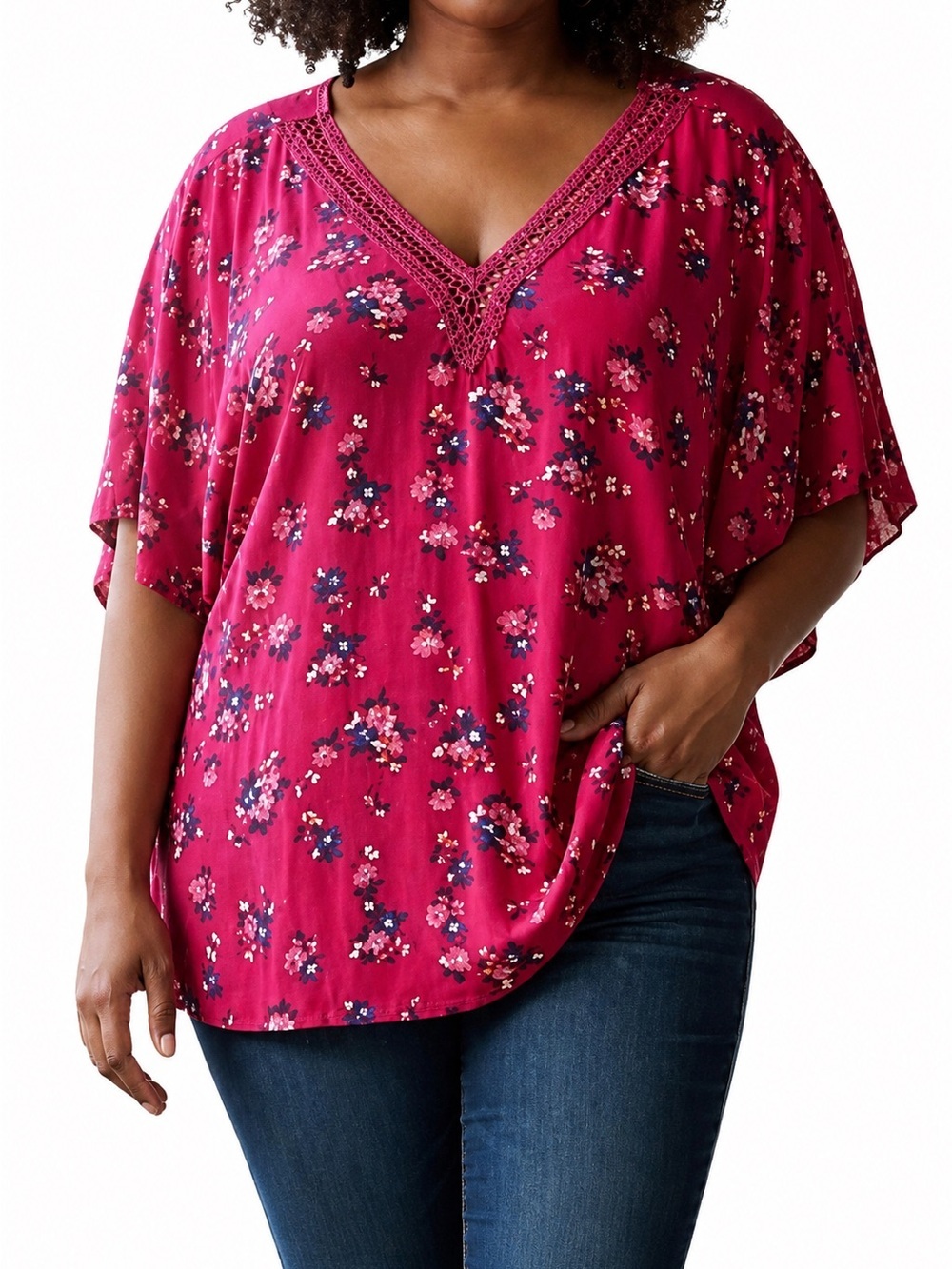 LANE BRYANT Floral Print V Neck Rayon Longline Crochet Lace Trim Tunic Blouse